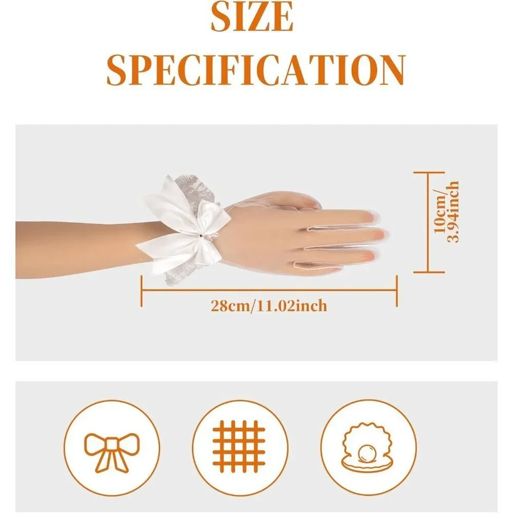 Women's White Lace Short Wedding Ruffled Tulle Mitten Imported Polyester Gloves